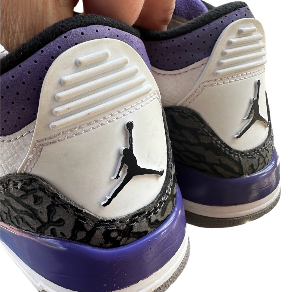 Girls 3y Jordan’s white with purple accents and black leopard accents